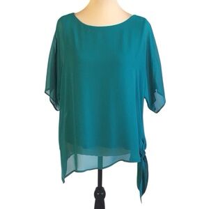 Dana Buchman Teal Green Flowy Semi-Sheer Dolman Side Tie Blouse, Petite Large
